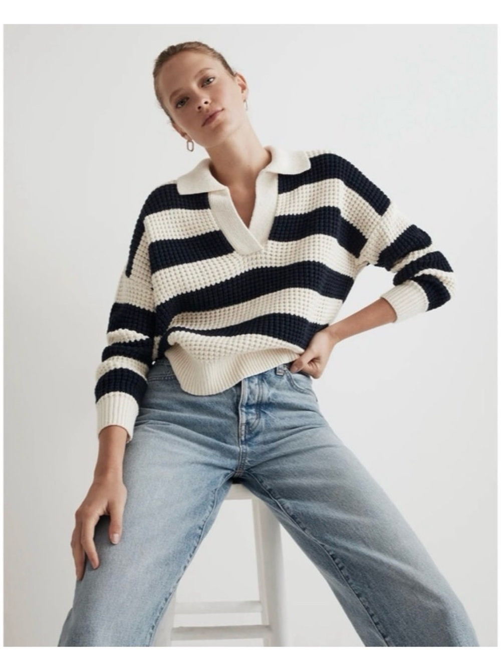 Madewell Waffle-Knit Henley Sweater Navy Cream Striped Polo XXS